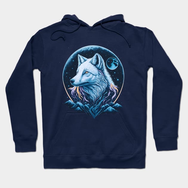 White Arctic Fox at Night Time Hoodie by ElMass